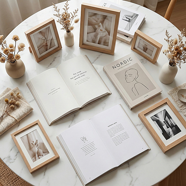 白色大理石桌面俯视上面铺着北欧ins书本，还有着照片木框在摆着