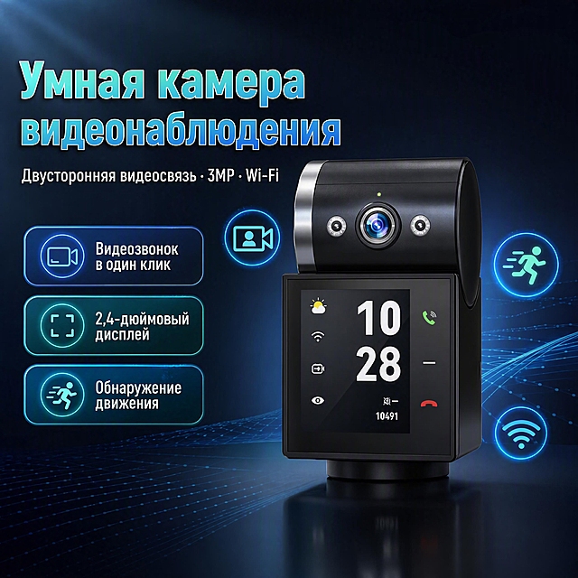 [第1张] 亚马逊跨境电商详情页头图 - 智能WiFi双向视频通话监控摄像头主视觉海报。本张使用【图1】作为商品主体，保持产品黑色机身、顶部摄像头模组、2.4英寸显示屏、物理结构和比例完全一致。
[氛围/风格] 深色科技性能风，简约大气，商业摄影质感，高端数码产品展示。
[元素布局] 产品置于画面中央偏右，占比约55%，正面微侧45度角展示；左侧留大面积文案区；背景为深灰蓝到黑色的径向渐变，点缀微弱发光线条和科技感网格；画面底部有细腻反光台面；产品周围悬浮3个发光功能图标（视频通话、移动侦测、WiFi连接）。
[光影质感] 左上方主光源打亮产品正面和显示屏，右侧辅光勾勒轮廓，底部柔和反光，整体明暗层次丰富，产品质感高级。
[配色色系] 全局底色 #1A2332 深灰蓝渐变；主色 科技蓝 #00D4FF；辅助色 白色文字、浅灰卡片；点缀色 青绿色发光。
[视角构图] 正面微仰视，产品为视觉中心，阅读动线从左上标题 → 中部产品 → 底部卖点条。
[文字版式] 全部使用俄语。左上大标题「Умная камера видеонаблюдения」，文字带蓝青渐变填充+白色细描边+柔和阴影效果；副标题「Двусторонняя видеосвязь · 3MP · Wi-Fi」；下方3个卖点胶囊：「Видеозвонок в один клик」「2,4-дюймовый дисплей」「Обнаружение движения」；每个胶囊带渐变背景和描边。文字清晰可读，不遮挡产品主体。
[比例分辨率] 1:1 方形比例，width 1024 height 1024，4K分辨率，文字清晰锐利。
[负向提示词] 产品变形，结构错误，缺件错件，颜色偏差，水印，文字错乱，文字过小，背景杂乱，中文字符。