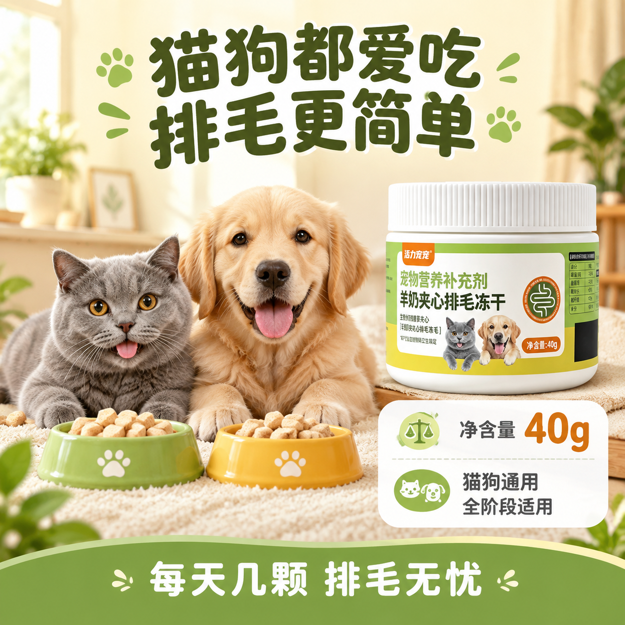[主图-4] 喂食场景与规格信息图 展示猫狗通用喂食方式和产品… - 图片创意预览