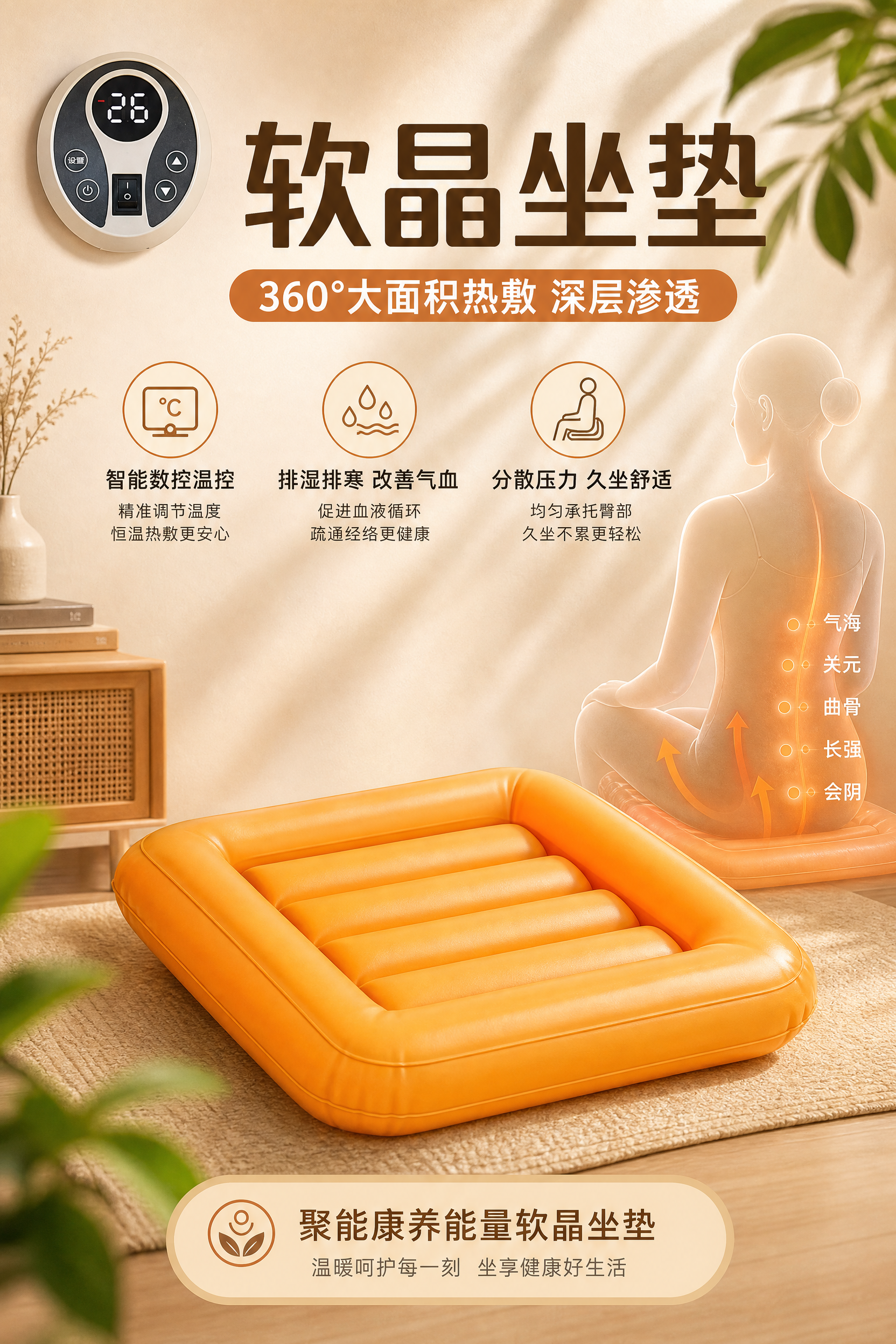 一张A4竖版软晶坐垫商品海报，温馨养生暖色调，奶油米白+暖橙配… - 图片创意预览