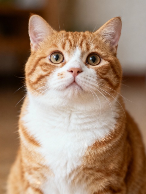 生成一张橘白相间的美国短毛猫，写实照片风格，圆脸，表情要可爱，图片比例3:4预览效果