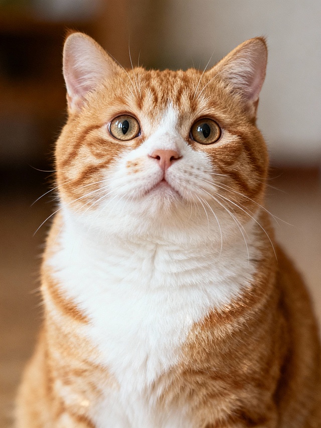 生成一张橘白相间的美国短毛猫，写实照片风格，圆脸，表情要可爱，图片比例3:4