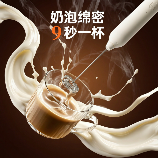 这是一款咖啡打泡器，换个背景，要高级一点，预览效果