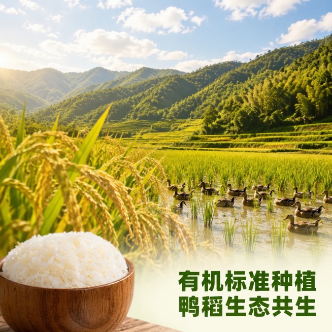 [主图-3] 连山有机丝苗米种植安全图，主打有机标准种植鸭稻生态共生卖点，氛围自然生态和谐，展示天然有机种植理念，商业农业摄影，清晰自然真实，前景是饱满稻穗，中景展示高山稻田与鸭子在田间活动，背景远处预览效果