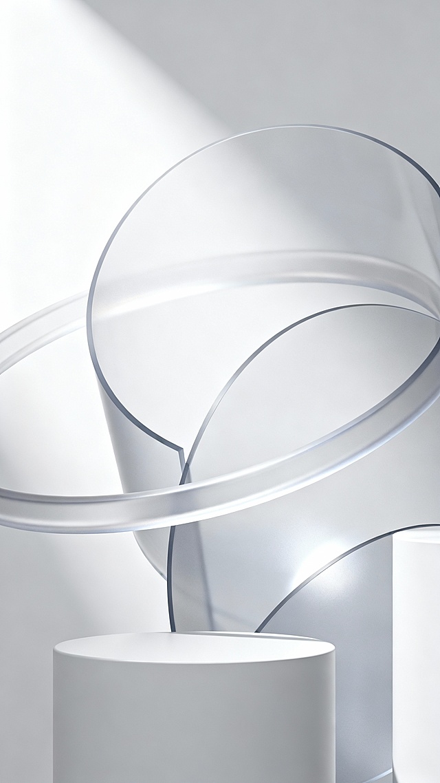 极简主义风格的抽象几何构图，以纯净的白色和不同明度的浅灰色为唯一色调，画面中由多个大小不一、边缘柔和圆润的半透明环形与圆柱体相互交叠、穿插，形成富有层次和空间感的立体结构。光线从斜上方柔和投射，在曲面和交叠处产生细腻的高光、渐变过渡的阴影以及微妙的反光效果，营造出轻盈、通透、宁静而又充满高级质感的氛围。整体视觉语言简洁、现代，具有强烈的设计感和艺术美感，无任何文字或标识元素。