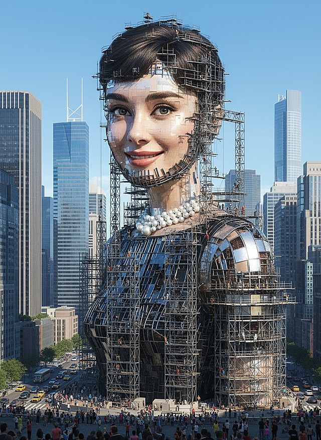上传图中的人物主体，化身为现代城市中正在建设的巨型艺术雕塑装置。该巨型人物周围环绕着大面积脚手架，背景是澄澈蓝天与细节丰富的城市景观（包含街道、建筑、车辆，以及底座周围的渺小人群），整体画面超细节呈现，兼具真实纹理质感与超现实巨型艺术品美学风格。