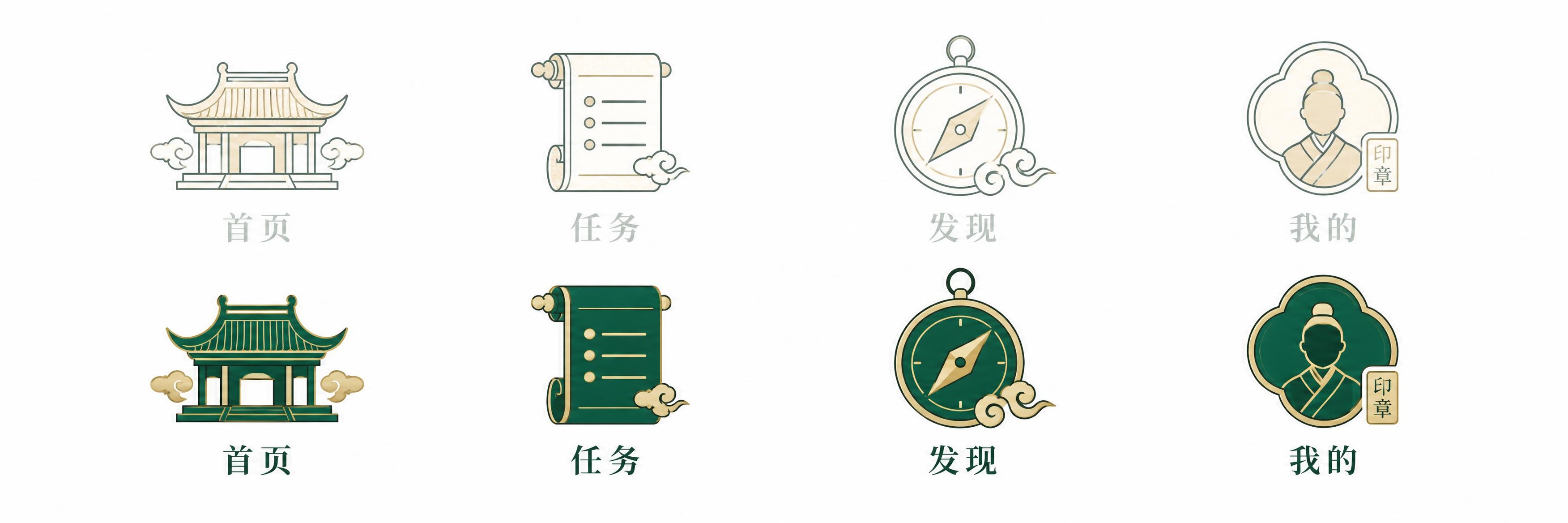 国潮新中式风格的4个底部导航图标，从左到右：首页（中式亭子/宫… - 图片创意预览