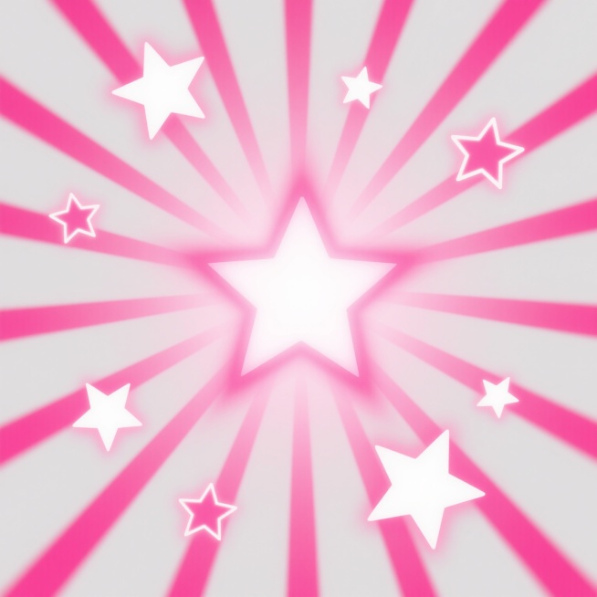 一个明亮的放射状光芒效果，中心为耀眼的白色光点，向外发散出多道明亮的光线，光线呈细长的线条状，边缘柔和渐变。光芒周围分布着几颗大小不一的五角星，星星的边缘清晰，内部为纯白色。整体画面采用鲜艳的粉红色调，中心光点为亮粉色，光线从中心向外逐渐过渡为浅粉色，星星也呈现出明亮的粉色，背景为纯白色，整个设计具有强烈的视觉冲击力和装饰感，风格简洁明快，充满活力。预览效果