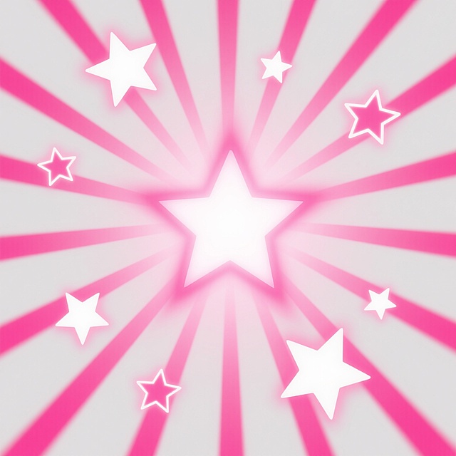 一个明亮的放射状光芒效果，中心为耀眼的白色光点，向外发散出多道明亮的光线，光线呈细长的线条状，边缘柔和渐变。光芒周围分布着几颗大小不一的五角星，星星的边缘清晰，内部为纯白色。整体画面采用鲜艳的粉红色调，中心光点为亮粉色，光线从中心向外逐渐过渡为浅粉色，星星也呈现出明亮的粉色，背景为纯白色，整个设计具有强烈的视觉冲击力和装饰感，风格简洁明快，充满活力。