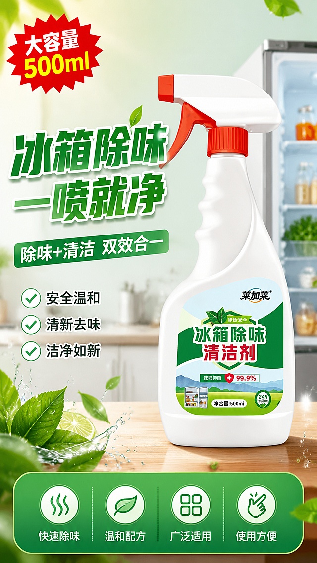 [第1屏] 详情页头图-莱加莱冰箱除味清洁剂新品宣传海报。本屏使用【图1】作为商品主体。
[氛围/风格] 清新洁净家居风，拼多多接地气大字报风格，高饱和度绿白配色，商业摄影质感，信息密度高、卖点直观。
[元素布局] 清洁剂瓶置于画面中央偏右，占比约60%-65%，瓶身结构、颜色、标签文字与输入产品图一致，白色瓶身+红色喷头+绿白标签；左侧留大标题区，底部绿色信息条；背景为清新厨房场景虚化，冰箱局部轮廓隐约可见，前景有绿叶、水珠装饰元素；左上角红色爆炸贴突出利益点。
[光影质感] 左上方柔光照明，右侧辅光提亮瓶身，底部自然投影，整体明亮通透，瓶身塑料质感清晰。
[配色色系] 全局底色 #F0FFF4 浅绿渐变；主色 #2E8B57 森林绿；辅助色 #FF6B35 橙红色、白色；点缀色浅蓝。
[视角构图] 正面微仰视，产品为视觉中心，阅读动线左上主标题 → 中部产品 → 底部信息条。
[文字版式] 版式为左上大标题 + 右侧产品 + 底部信息条。主标题「冰箱除味 一喷就净」，副标题「除味+清洁 双效合一」，粗黑体大字，绿色描边白字；左上角红色爆炸贴「大容量500ml」；底部绿色信息条四个卖点图标：「快速除味」「温和配方」「广泛适用」「使用方便」；文字不遮挡瓶身主体。
[比例分辨率] 9:16 竖版比例，4K分辨率，文字清晰可辨，高清画质。
[负向提示词] 瓶身变形，缺件错件，颜色偏差，包装文字错乱，水印，文字过小，产品图模糊，背景杂乱，极限词。