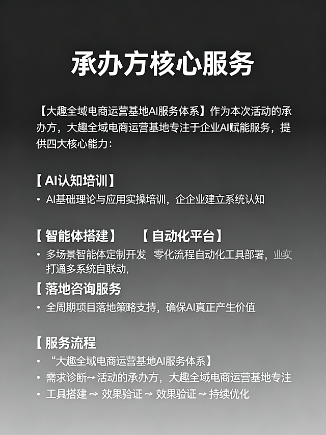 极简高级商务科技图文排版，内容标题：'承办方核心服务'，正文：'【大趣全域电商运营基地AI服务体系】 作为本次活动的承办方，大趣全域电商运营基地专注于企业AI赋能服务，提供四大核心能力： 【AI认知培训】 AI基础理论与应用实操培训，帮助企业建立系统认知 【智能体搭建】 多场景智能体定制开发，零代码实现业务自动化 【自动化平台】 业务流程自动化工具部署，打通多系统联动 【落地咨询服务】 全周期项目落地策略支持，确保AI真正产生价值 【服务流程】 需求诊断 → 方案设计 → 工具搭建 → 效果验证 → 持续优化'，深空灰低饱和渐变背景，分区清晰，极简设计，干净留白，文字清晰易读，高级简约风格