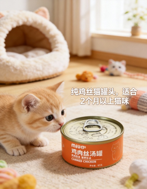 这是一款猫罐头产品，请帮我设计一款电商场景图，比例3:4，文字写：纯鸡丝猫罐头，适合2个月以上猫咪预览效果