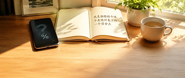 一张温暖的木质桌面，一部手机屏幕暗着显示模糊问号和柔光笼罩的百分比符号，屏幕边缘有一道细细裂痕，旁边一本翻开的笔记本上用温暖手写字体写着“我是独特的个体不是统计表上的一个百分点”，笔记本旁放着一杯热茶和一盆小绿植，一束晨光从窗外斜照进来照亮笔记本和绿植，手机一半在光里一半在阴影中，营造出数据在那里但生活在这里的意境，温暖明亮，干净简约的摄影风格，横版构图，下方留白用于文字排版