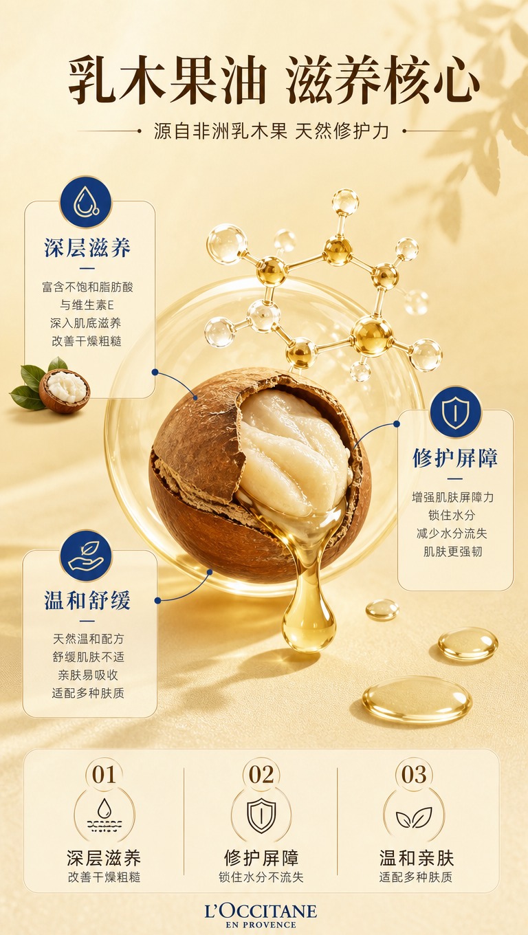 [商品] 成分机理专页，以乳木果油原料和分子结构为核心视觉，不… - 图片创意预览