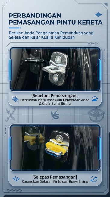 按照之前的马来简约科技质感运动改装风、简约大气痛点前置风格生成这张安装对比图，更换排版和色系，文字全部改为马来语，保持原图竖比例预览效果