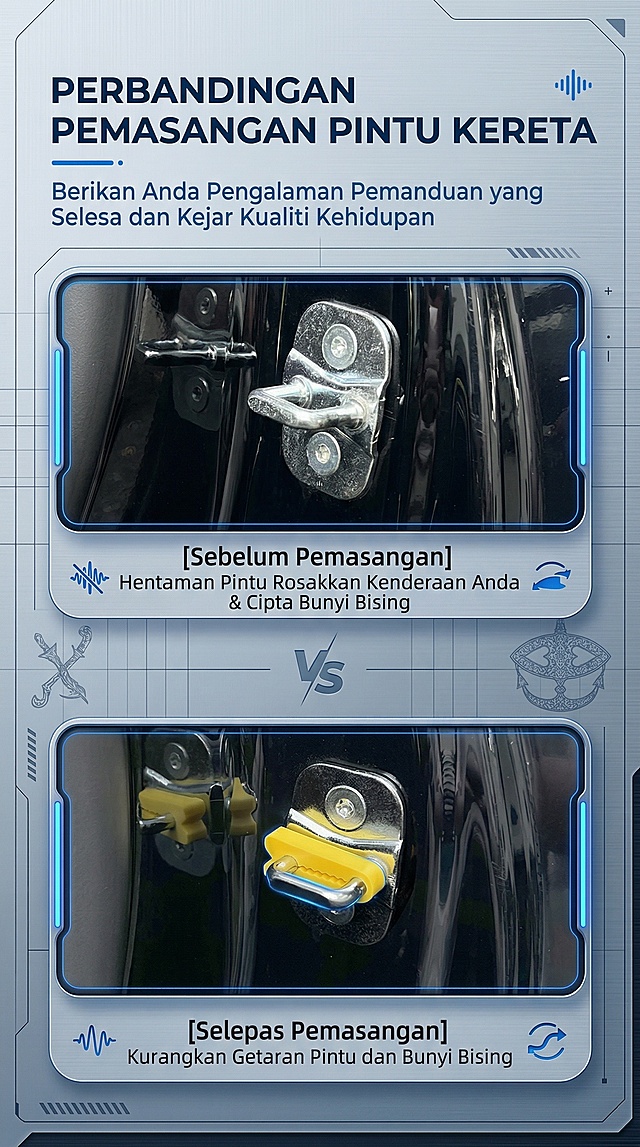 按照之前的马来简约科技质感运动改装风、简约大气痛点前置风格生成这张安装对比图，更换排版和色系，文字全部改为马来语，保持原图竖比例