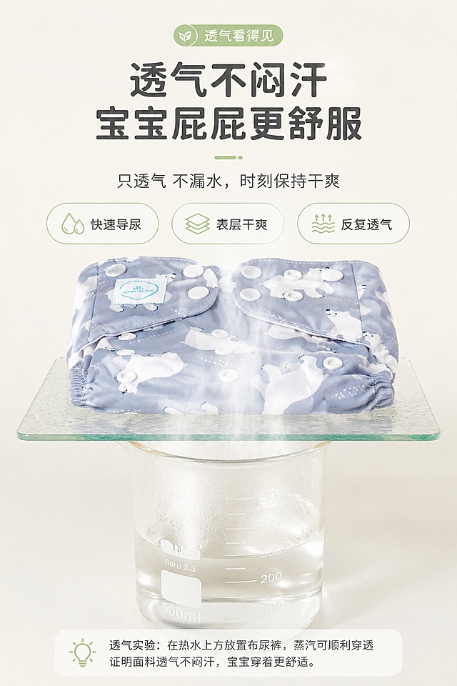 [第6屏] 透气性能展示-可洗布尿裤透气效果演示。使用【图2】产品主体。
[氛围/风格] 直观科学展示，干净浅色背景，清晰真实，专业可信的母婴风格。
[元素布局] 产品平铺在画面中央，下方放置烧杯热水，上方盖上玻璃片，展示蒸汽透过尿裤的透气效果，直观演示透气性；产品占比约60%，真实保留北极熊印花和按扣设计，颜色和结构和原图一致；上方标题区域，下方文字说明区域，层次清晰。
[光影质感] 均匀柔和顶光，蒸汽效果自然不突兀，产品纹理清晰，整体明亮干净。
[配色色系] 全局底色 #f5f3ec；主色浅米+产品灰蓝；辅助色浅绿点缀，整体清爽干净。
[视角构图] 正面平视构图，产品居中，直观展示透气实验效果，信息层级清晰。
[文字版式] 顶部主标题「透气不闷汗 宝宝屁屁更舒服」，副标题「只透气 不漏水，时刻保持干爽」，三个圆角卖点标签：「快速导尿」「表层干爽」「反复透气」，文字不遮挡产品主体，大小清晰适配手机。
[比例分辨率] 2:3竖版比例，4K分辨率，文字清晰可辨，高清画质。
[负向提示词] 产品变形，图案错漏，颜色偏差，文字模糊，实验效果虚假夸张。