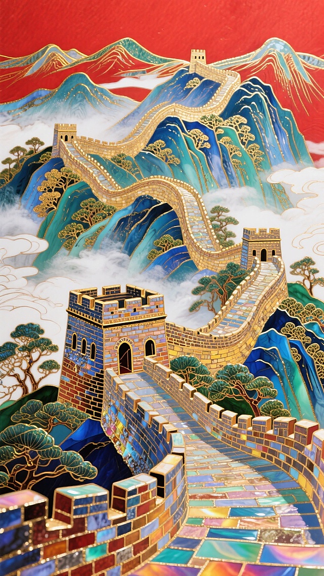 国庆主题，正红色渐变背景（鎏金暗纹点缀），非遗掐丝珐琅工艺打造的蜿蜒长城（城垛清晰，鎏金掐丝勾勒轮廓，珐琅釉色饱满），珐琅工艺绘制的壮丽山河（山峦层叠，珐琅釉色含绯红、金棕、赭石色过渡，江河泛鎏金波光），前景缀珐琅祥云纹样，整体庄重喜庆