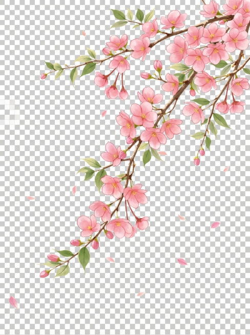 将图中的樱花修改为海棠花，保持整体构图、枝干绿叶和粉色飘落花瓣不变，仅将花朵替换为海棠花：要求海棠花花瓣边缘圆润完整无缺口，花梗为红褐色，保留水彩插画风格，透明背景预览效果