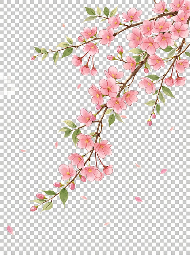 将图中的樱花修改为海棠花，保持整体构图、枝干绿叶和粉色飘落花瓣不变，仅将花朵替换为海棠花：要求海棠花花瓣边缘圆润完整无缺口，花梗为红褐色，保留水彩插画风格，透明背景