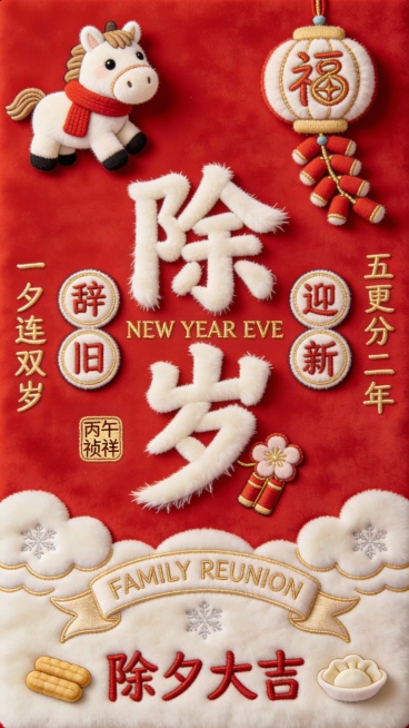 【马年除夕毛茸茸国潮红包设计】材质与色调：采用正红色短绒为基底，主视觉元素使用蓬松长绒材质塑造立体感，点缀浅金植绒与奶白毛绒细节，整体呈现节庆团聚的温暖质感。核心视觉元素：中央以奶白色蓬松长绒材质塑造预览效果