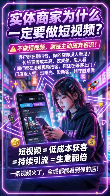 赛博霓虹风格的短视频运营宣传海报，参考上传图片的风格：紫蓝霓虹发光效果、赛博都市背景、霓虹边框装饰，人物为使用手机的潮流女生，整体视觉亮眼有科技感。主标题大字：“实体商家为什么一定要做短视频？”，醒目预览效果