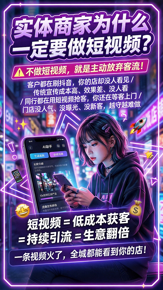 赛博霓虹风格的短视频运营宣传海报，参考上传图片的风格：紫蓝霓虹发光效果、赛博都市背景、霓虹边框装饰，人物为使用手机的潮流女生，整体视觉亮眼有科技感。主标题大字：“实体商家为什么一定要做短视频？”，醒目警示语：“不做短视频，就是主动放弃客流！”，核心痛点内容：客户都在刷抖音，你的店却没人看见 / 传统宣传成本高、效果差、没人看 / 同行都在用短视频抢客，你还在等客上门 / 门店没人气、没曝光、没新客，越守越难做，价值点内容：“短视频 = 低成本获客 = 持续引流 = 生意翻倍”，底部号召语：“一条视频火了，全城都能看到你的店！”，文字带霓虹发光效果，排版层次分明，符合参考图的设计风格