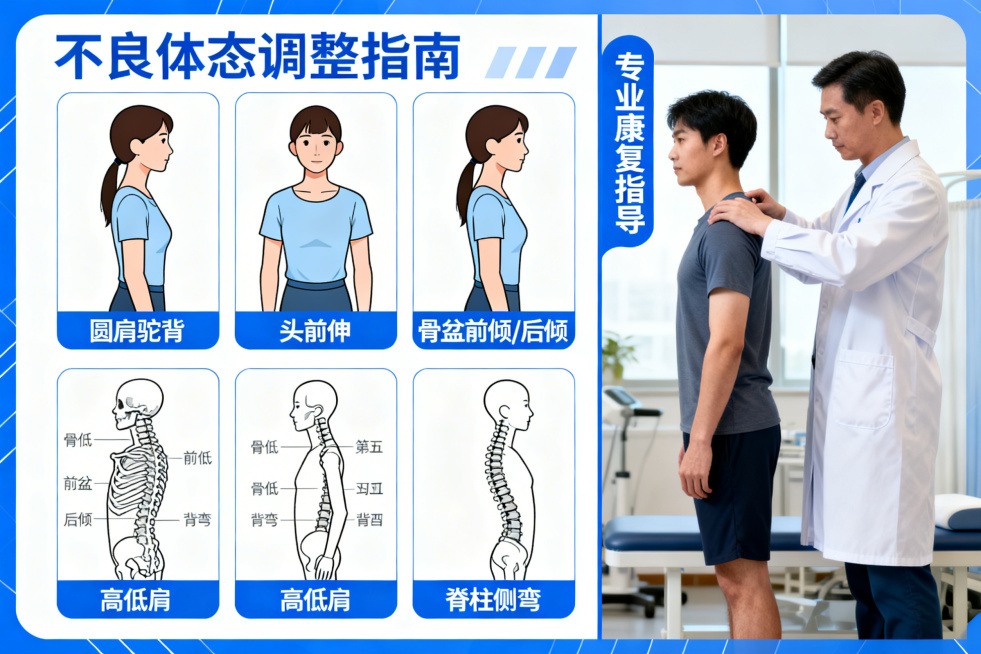 体态调整宣传图，画面展示圆肩驼背、头前伸、骨盆前倾后倾、高低肩、脊柱侧弯的不良体态示意图，搭配专业康复师指导调整的场景，整体风格专业、清晰，传递矫正修复的专业感预览效果