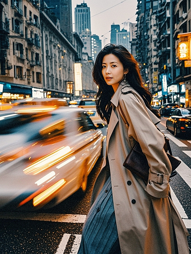 都市夜景中，时尚女性身着风衣，杂志风