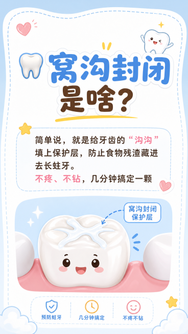 小红书科普图文第一张，标题“🦷窝沟封闭是啥？”，正文文字“简单说，就是给牙齿的“沟沟”填上保护层，防止食物残渣藏进去长蛀牙。不疼、不钻，几分钟搞定一颗”，搭配一颗儿童牙齿的示意图，清新母婴科普风格，预览效果