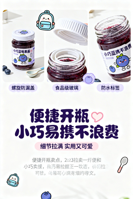 「图片1」第1屏：主视觉封面（引流屏）主标题：软萌蓝莓果酱✨ 一口解锁治愈感副标题：高果肉无添加 颜值与口感双在线排版布局：上半部分为主副标题（居中对齐，主标题深蓝莓紫加粗，副标题浅粉色，字体圆润卡通预览效果