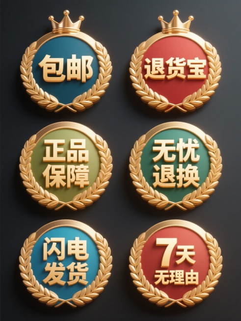 六个规整排布的促销标签素材，每个标签为圆形徽章样式，采用纯色背景且颜色各不相同，标签中央有金色立体文字，文字内容分别为“包邮”“退货宝”“正品保障”“无忧退换”“闪电发货”“7天无理由”，徽章外圈有金色麦穗花纹装饰，顶部有小皇冠图标，整体呈现金属质感的光泽，光影过渡自然，设计风格统一且具有促销宣传的视觉吸引力。预览效果