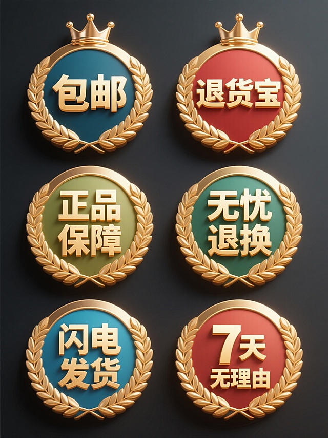 六个规整排布的促销标签素材，每个标签为圆形徽章样式，采用纯色背景且颜色各不相同，标签中央有金色立体文字，文字内容分别为“包邮”“退货宝”“正品保障”“无忧退换”“闪电发货”“7天无理由”，徽章外圈有金色麦穗花纹装饰，顶部有小皇冠图标，整体呈现金属质感的光泽，光影过渡自然，设计风格统一且具有促销宣传的视觉吸引力。