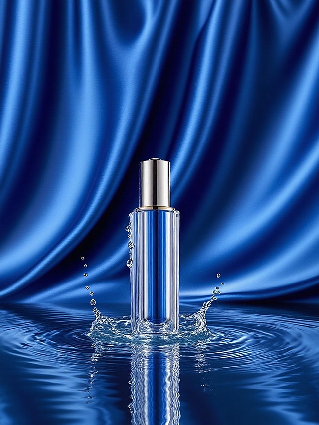 蓝色绸缎褶皱背景，底部添加水滴溅起的水波纹动态效果，光影聚焦强化瓶身渐变色彩与高端质感，华贵精致氛围