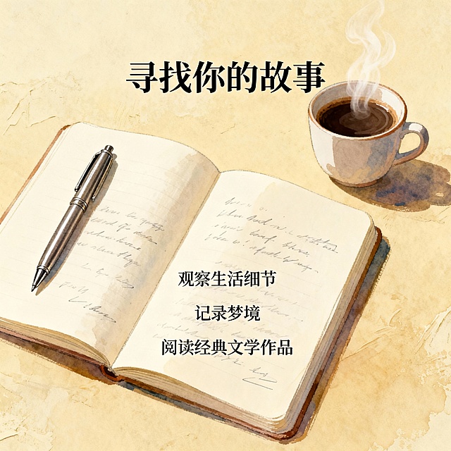 {
  "prompt": "设计一张激励写作灵感的图像，包括打开的笔记本、钢笔、咖啡杯等元素。在页面上方写上“寻找你的故事”字样，下方列出几个激发灵感的方法，如“观察生活细节”、“记录梦境”、“阅读经典文学作品”。背景采用柔和色调，营造温馨氛围。特别注意：确保每个文本块周围都有至少宽度/高度5%的空白空间。",
  "size": "1080*1440"
}