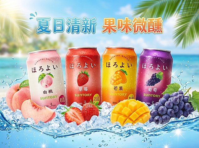 将四张不同口味（白桃、草莓、芒果、葡萄）的三得利气泡酒罐图排版设计成一张横版电商宣传海报，整体风格清新夏日，突出产品的果味特色，构图均衡美观