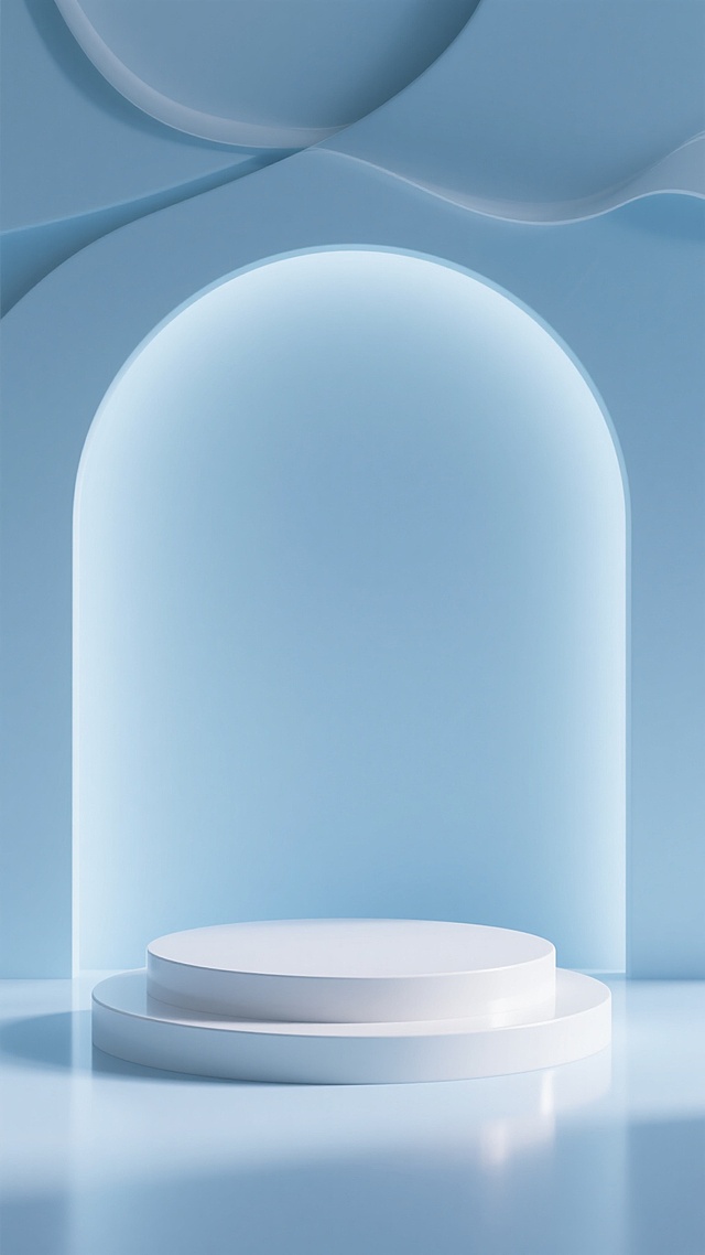 极简主义风格3D渲染，柔和的浅蓝色渐变背景，顶部有流畅曲线构成的白色半弧形装饰，下方是圆形双层台阶式白色展台，展台表面光滑反光，光线从左上方柔和照射，形成轻微的阴影和高光过渡，整体画面干净通透，留白充足，营造出宁静、空旷、简约的空间氛围，无任何文字和装饰元素。