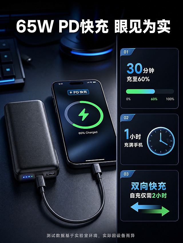 [商品] 通用款充电宝，连接充电线，另一端连接手机，手机屏幕显示充电进度和快充标识，充电宝电量灯亮起，保留产品外观和接口细节。
[画面] 目标：快充实测可视化，深度说服用户。单功能测试型版式，左右分栏。左侧为产品+手机充电实拍场景，占画面55%，右侧为数据可视化区域。背景为深色科技桌面，有微弱环境光。前景有充电线和光影，中景产品和手机，后景虚化的桌面环境。
[视觉] 套系策略：风格=深色科技商业摄影风；标题字=现代无衬线粗黑体；正文字=简洁无衬线体；主色=深空黑+科技蓝；背景延展=基于深空黑做深灰桌面质感、顶部微弱光晕；强调色=电光蓝+绿色，用于充电进度条和数据高亮；标题色=纯白色；正文色=浅灰蓝；组件=圆角数据卡片、进度条、数据图表；光影=桌面侧上方主光，产品有清晰投影，屏幕自发光。
[文字] 顶部主标题「65W PD快充 眼见为实」，右侧3组实测数据：1.「30分钟 充至60%」配进度条 2.「1小时 充满手机」配时钟图标 3.「双向快充 自充仅需2小时」配双向箭头。底部小字说明「测试数据基于实验室环境，实际因设备而异」，文字横向排版。
[规格] 图片比例3:4竖版，分辨率4K，负向提示：避免变形、错字、文字过小、虚假数据标注、白底、模糊、重影。