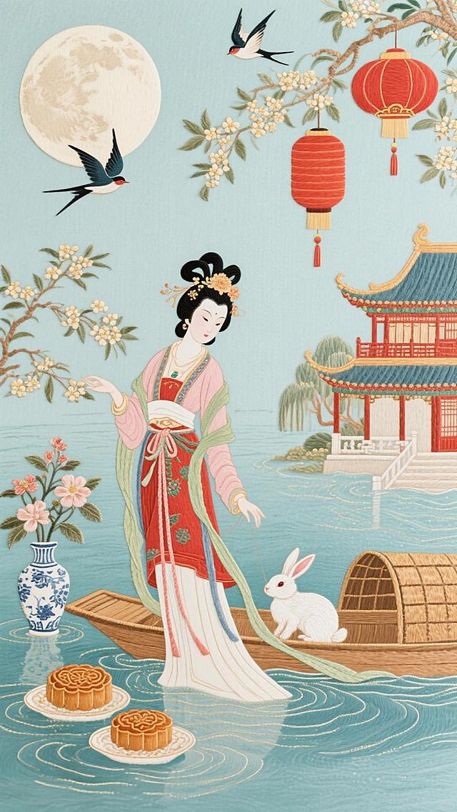 灯笼红亮，古风女子立于船畔，身旁玉兔、月饼相伴，中式楼阁与花枝点缀