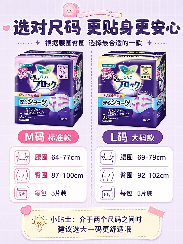 [第5张 尺码选择] 选对尺码 更贴身更安心。
[商品] 使用【图2】M码和【图3】L码安心裤产品包装盒；两款都保留原包装外观、颜色、Logo和比例。
[画面] 页面目标：帮助女生快速选对适合自己的尺码，体现贴心关怀。构图：左右分栏，左侧M码，右侧L码，中间用虚线分隔。每栏上方是产品包装盒，下方是详细的尺码参数表。画面顶部有一个可爱的卷尺图标和尺码选择指南标题。底部有一个选购小贴士的圆角便签框。阅读动线：从上到下，标题→左右对比两款尺码→底部选购建议。
[视觉] 套系策略：风格=温柔治愈手帐风 关爱女性主题；标题字=圆润粗黑体 温柔有力；正文字=细圆体 亲切温暖；主色=柔紫色 薰衣草紫；背景延展=基于柔紫色做浅渐变 加入细格子纹理 干净清晰；强调色=粉色 用于M码标签 深紫色用于L码标签 做区分；标题色=深紫色；正文色=中紫色；组件=圆角参数表 虚线分隔线 卷尺图标 便签小贴士框；光影=均匀明亮柔光 信息清晰易读。
[文字] 顶部主标题：「选对尺码 更贴身更安心」，超大圆润粗黑体，深紫色。主标题下方副标题：「根据腰围臀围 选择最合适的一款」。左侧M码区（粉色标签）：「M码 标准款」，下方参数表三行：「腰围 64-77cm」「臀围 87-100cm」「每包 5片装」。右侧L码区（深紫标签）：「L码 大码款」，下方参数表三行：「腰围 69-79cm」「臀围 92-102cm」「每包 5片装」。底部圆角便签框（米黄底 深紫字）：「小贴士：介于两个尺码之间时 建议选大一码更舒适哦」。文字全部横排。
[规格] 图片比例3:4竖版，4K，避免变形、错字、文字过小、产品颜色改变、低俗擦边。