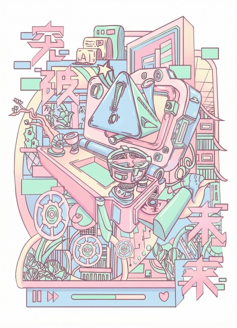 参考第二张图的粉蓝绿马卡龙配色风格，为第一张线稿图上色预览效果