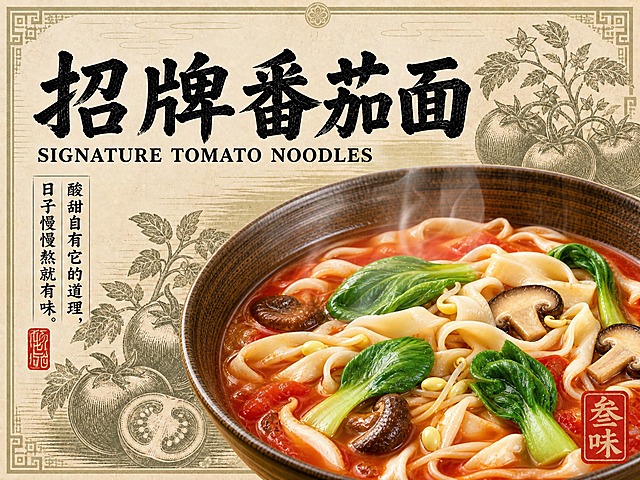 以第一张海报（叁味番茄面）为底图和版式基础：保留其浅色雅致版画底图、完整正确的竖排人生感悟文案“酸甜自有它的道理，日子慢慢熬就有味。”和右下角朱红方章「叁味」，竖排文案必须与第一张图逐字一致、一字不差。做三处修改：①顶部标题改为「招牌番茄面」，副标英文 SIGNATURE TOMATO NOODLES；②碗内食物换成第二张参考图中的写实番茄面（宽面条、鲜红番茄浓汤、香菇、豆芽、翠绿小油菜），去掉水印；③盛装食物的碗换成与第三张参考图相同的深棕色横向纹理陶瓷碗。4:3 构图，食物写实诱人、热气升腾，文字无错漏乱码。
