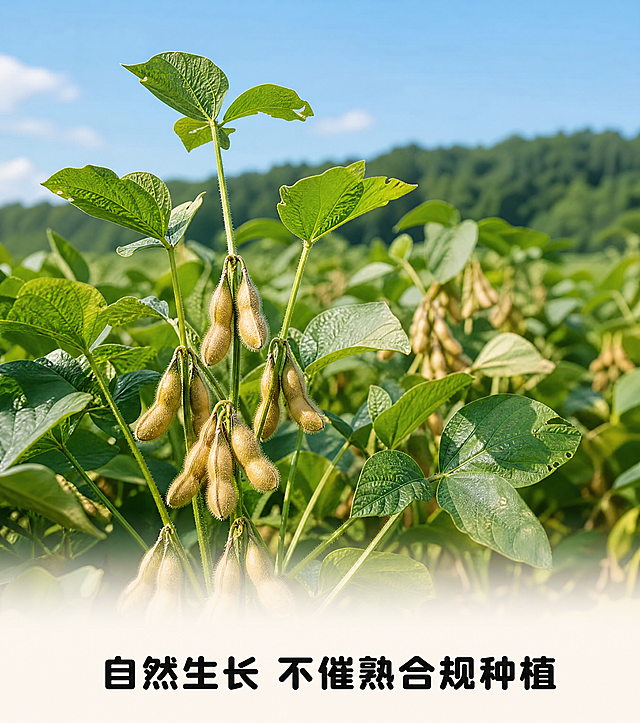 [第6屏] 生长环境实景图，展示自然生长的黄豆植株，电商详情页生长环境介绍。
[氛围/风格] 自然写实摄影风格，生机勃勃，干净清新。
[元素布局] 田间实景，展示长势旺盛的黄豆植株，豆荚饱满饱满挂在枝茎上，背景是蓝天和远处的树林，画面层次分明，近处植株清晰，远处背景虚化。底部预留完整文字区域放标题。
[光影质感] 自然日光，光线柔和明亮，植株叶片和豆荚质感清晰，明暗层次自然。
[配色色系] 植株叶片绿色，豆荚浅褐色，天空浅蓝色，远处树林深绿色，文字深黑色，自然清新配色。
[视角构图] 中景平视视角，黄豆植株占画面主体70%，背景蓝天树林占上部，底部完整留白放文案。
[文字版式] 文字区域在底部留白，主标题 "自然生长 不催熟合规种植"，使用深黑色圆角粗体，字体沿用圆角黑体，纯色填充，字色仅深黑色，字号占画面高度6%-8%，居中对齐，不遮挡主体植株画面。
[比例分辨率] 4:3竖版，尺寸750x850px，4K分辨率，文字清晰可辨。
[负向提示词] 植株枯萎，构图拥挤，文字遮挡主体，文字错乱，水印，画质模糊。