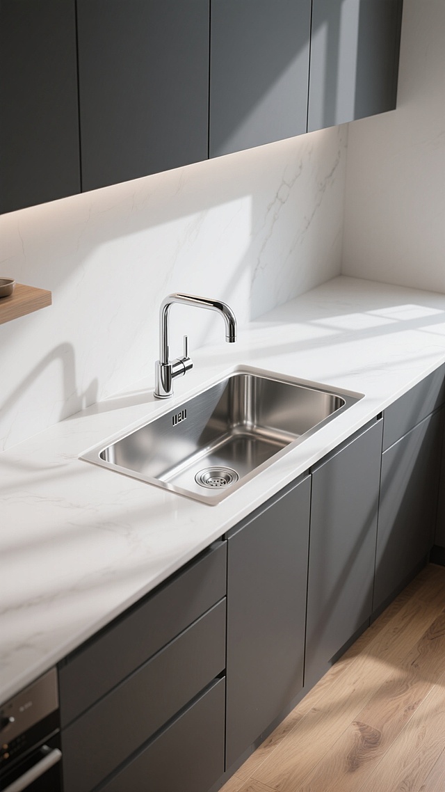 3D渲染风格的现代厨房水槽特写，不锈钢材质水槽搭配银色金属水龙头，白色台面与深灰色橱柜形成简洁对比，木质地板增添自然质感，柔和自然光从上方照射形成清晰光影层次，高光表现金属的光滑质感，整体呈现简约、干净、高级的家居氛围，不同角度展示水龙头与水槽的现代设计细节。