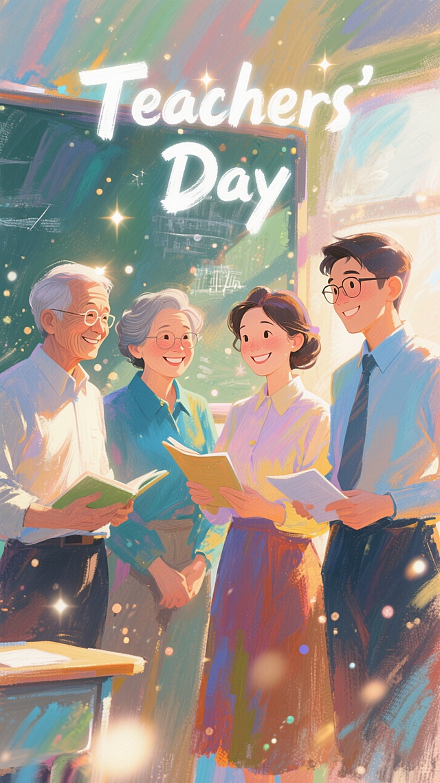以教师节为灵感，展现不同年龄段教师在教室相聚交流的场景