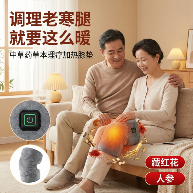 [主图 1] 中草药草本理疗加热膝垫产品宣传首图
[氛围风格] 温馨居家保健风格，温暖舒适真实感
[画面元素] 商业摄影质感、光线柔和通透、产品清晰真实、画面干净高级。中老年夫妻在家中客厅场景，女士正预览效果