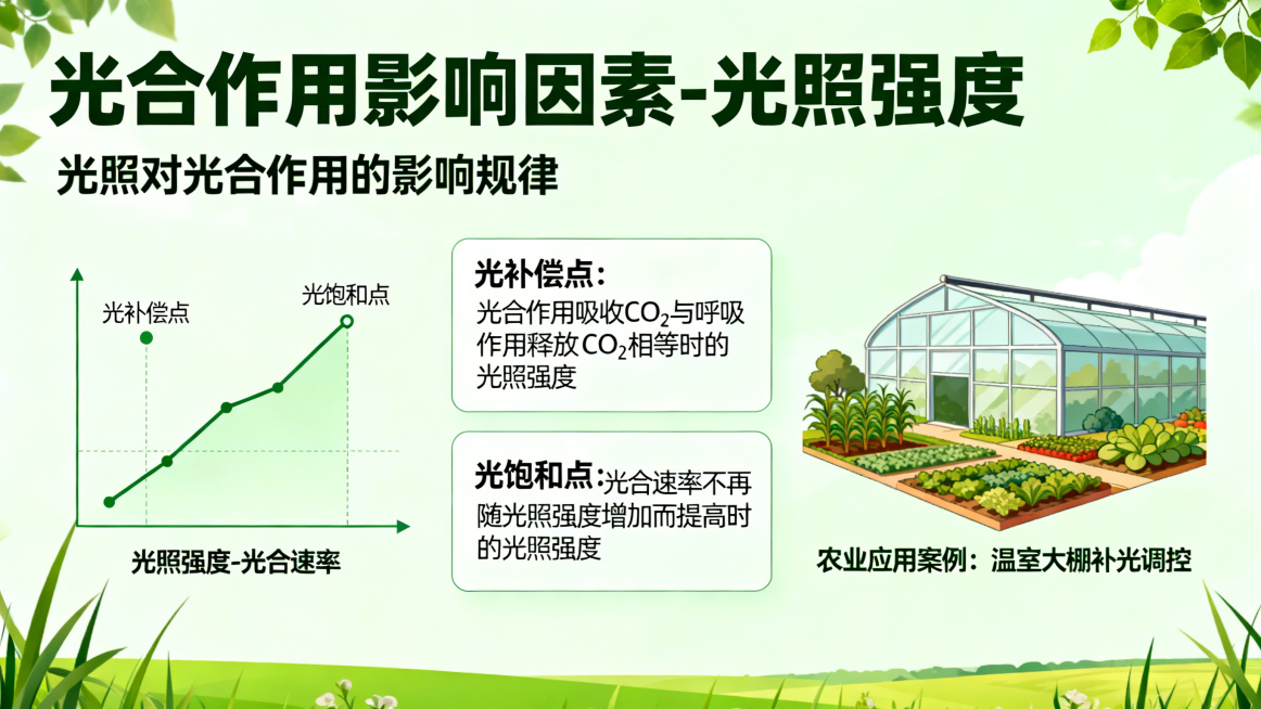 生成光合作用影响因素-光照强度交互页，内容包含：光照对光合作用的影响规律，光补偿点、光饱和点概念，农业应用案例，风格和目录页统一，绿色教学风预览效果