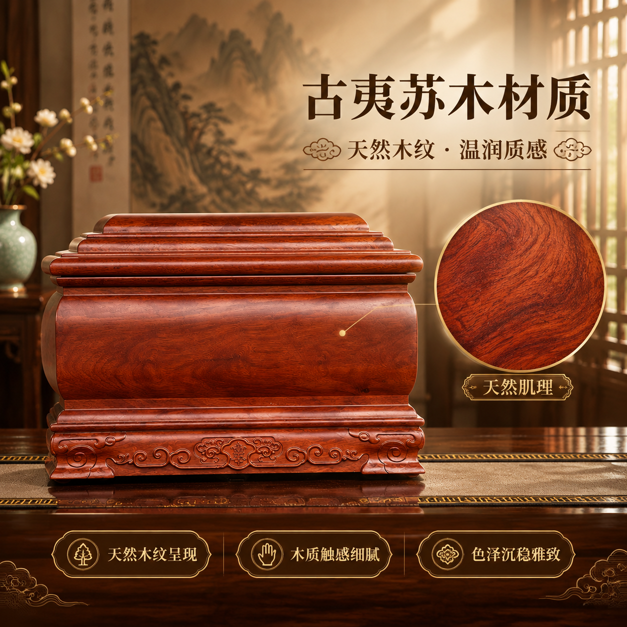 [主图-3 材质展示] 突出古夷苏木天然木纹与温润质感，展现材… - 图片创意预览