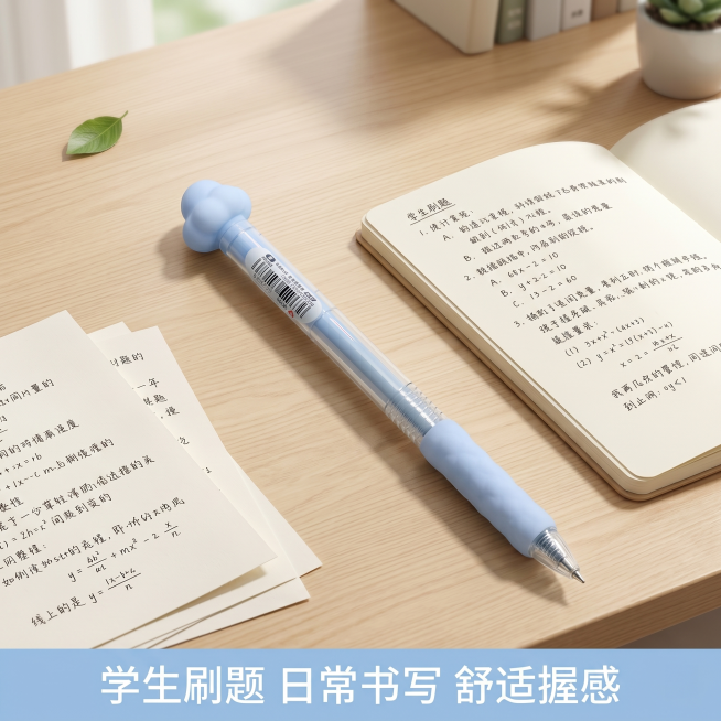 [主图-4] 爱好云朵中性笔适用场景展示图
[氛围风格] 清新校园书桌场景，青春治愈
[画质] 商业摄影质感、光线柔和通透、产品清晰真实、画面干净高级
[元素] 浅蓝色爱好云朵中性笔放置在干净的浅白色预览效果