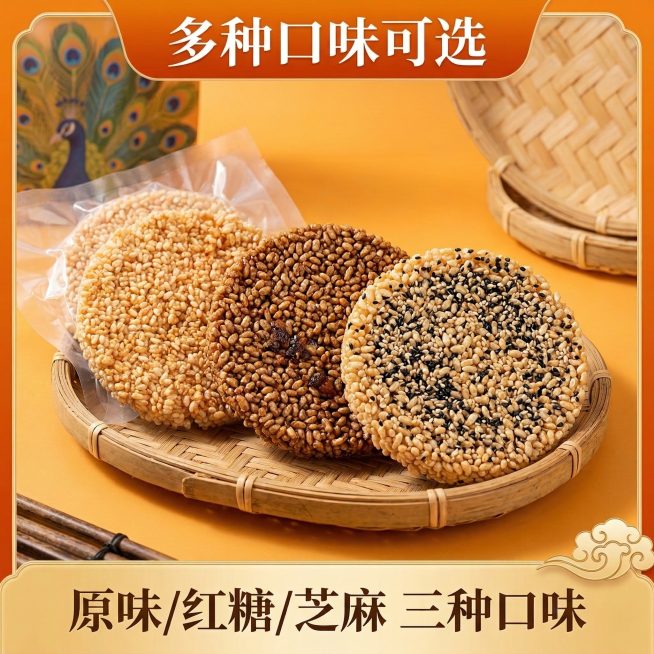 傣族米花电商主图，800×800尺寸。顶部卖点「多种口味可选」，产品搭配不同口味的米花陈列展示，背景用活泼的暖橙色渐变，底部标注「原味/红糖/芝麻 三种口味」，突出产品丰富的口味选择。预览效果